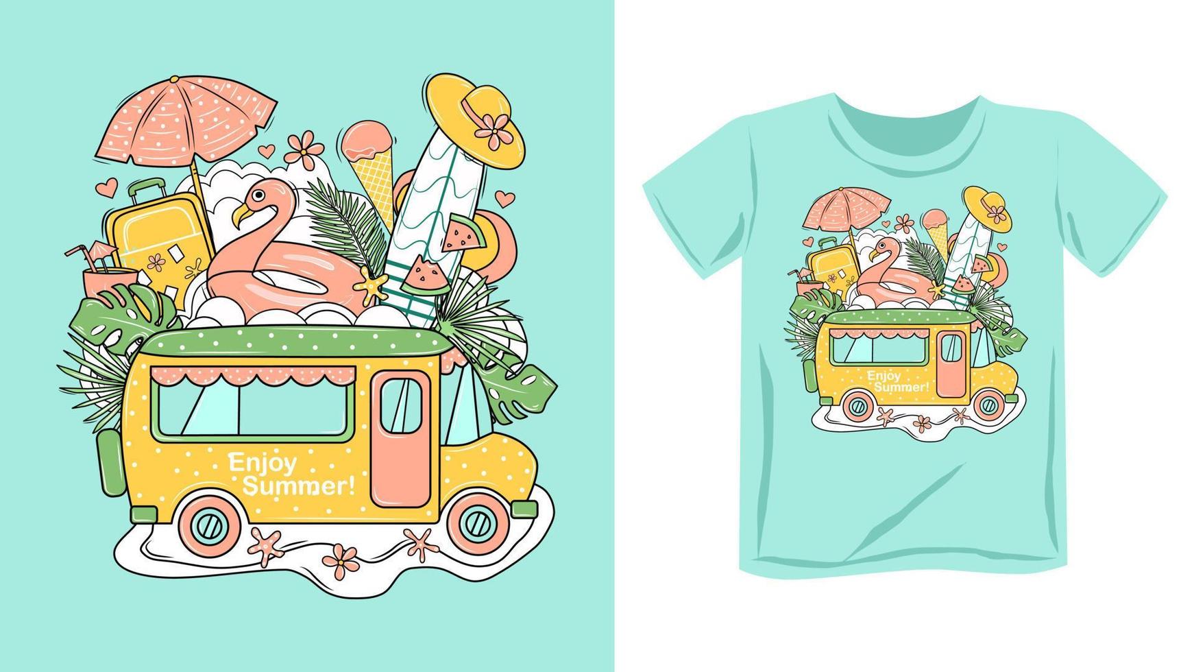 Original summer print on a Tshirt, hoodie. Travel to the sea by bus. Enjoy the summer. Vector illustration.