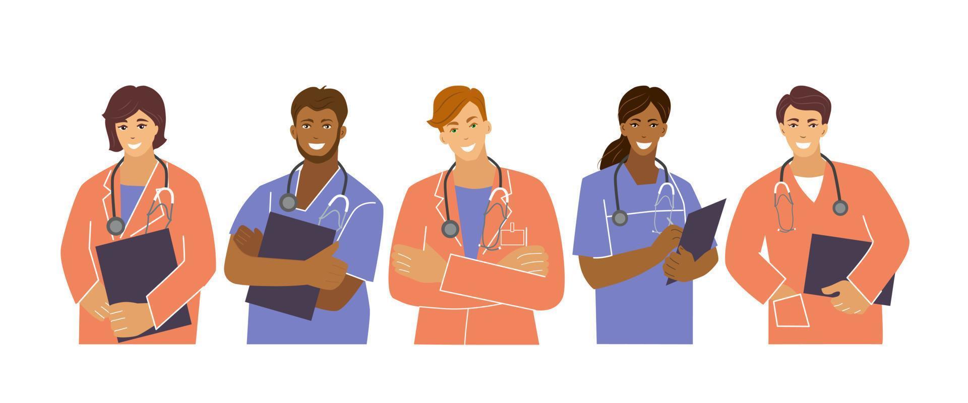 los trabajadores médicos son un equipo de cinco personas. médicos y enfermeras. ilustración vectorial en estilo plano. vector