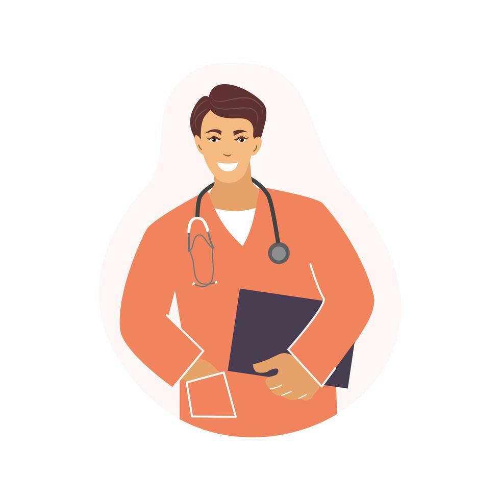 A man is a young doctor with a stethoscope. Health care. Vector illustration.