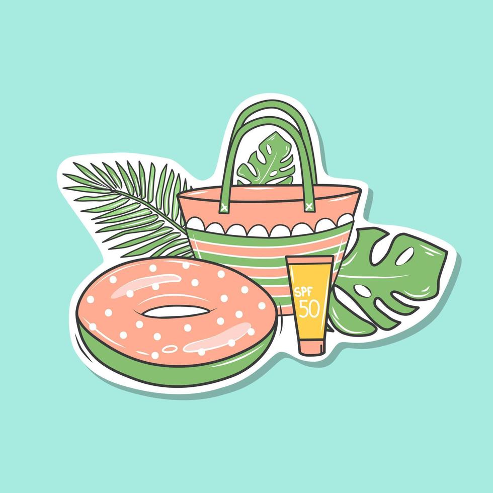 Tropical sticker with palm leaves, beach bag, swimming circle. Relax on the beach. Vector illustration.