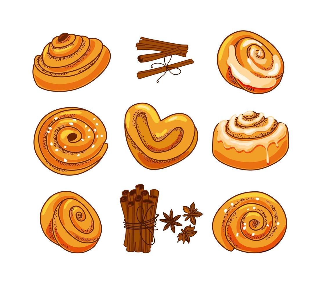 A set of buns with cinnamon and icing sugar in a cartoon style. Vector illustration