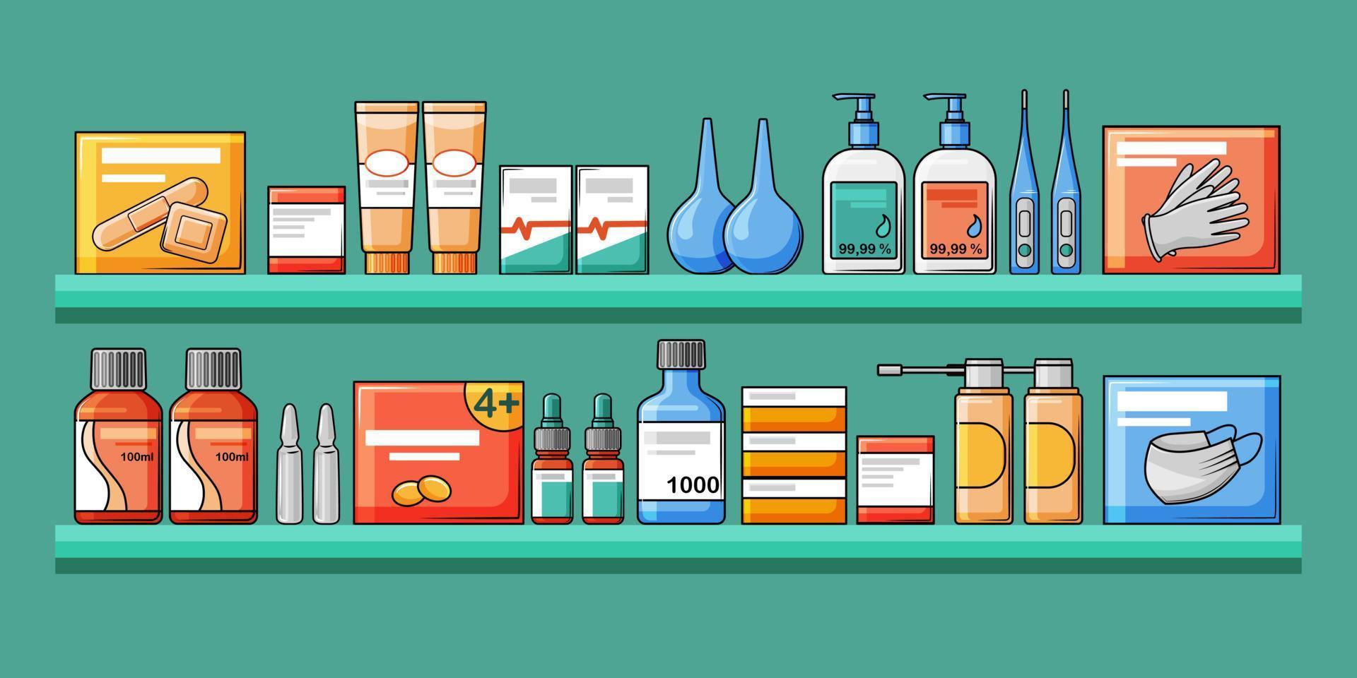 interior of the pharmacy, shelves with medical medicines. Vector illustration.