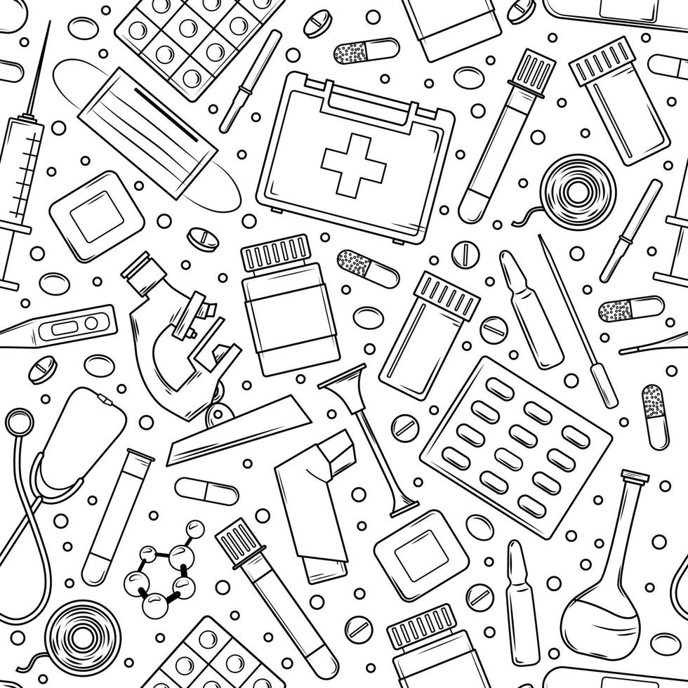 Seamless background with medical elements. Outline. Coloring book. Vector background.