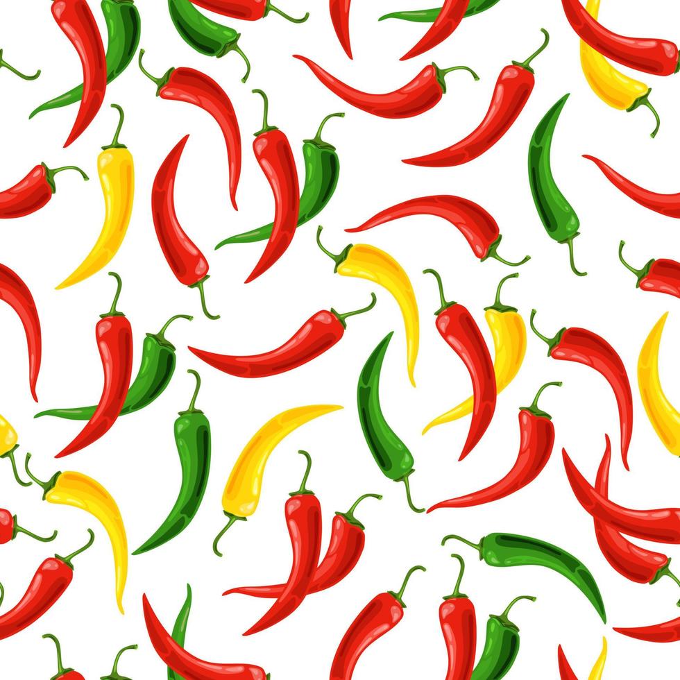 patrón impecable de chiles rojos, amarillos y verdes sobre un fondo blanco. fondo vectorial vector