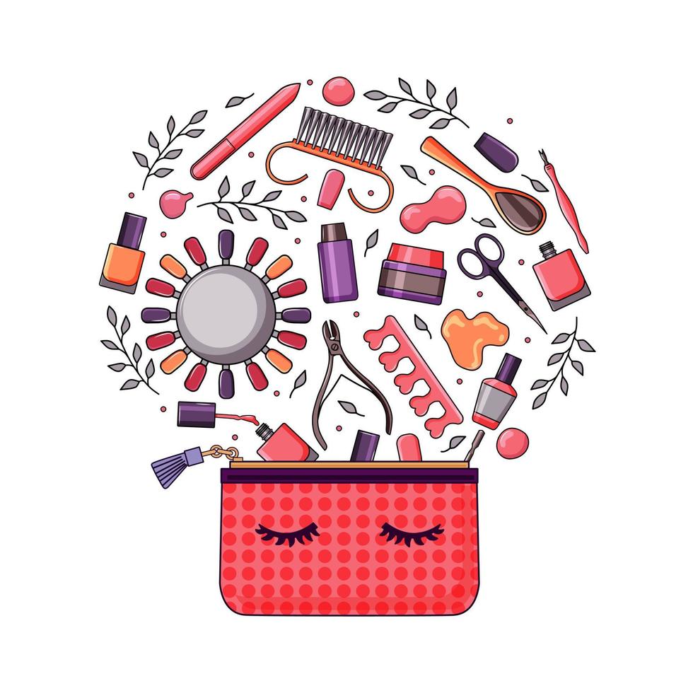 Manicure equipment with a small bag is a bright set. Nail polish, nail file, tweezers, hand cream, scissors, oil, wire cutters. Vector illustration.