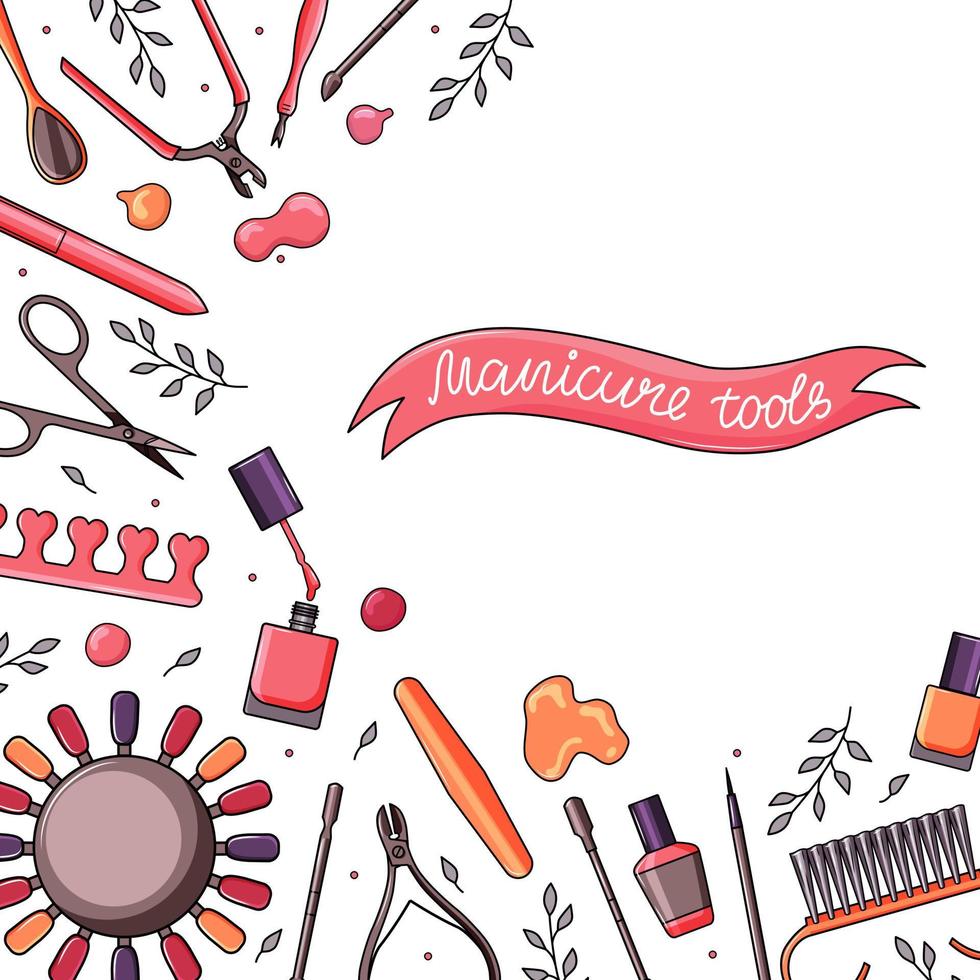 Square background with manicure tools. Banner with various nail art tools-scissors, clipper, nail polish, brush, cuticle tongs. Colorful vector illustration.
