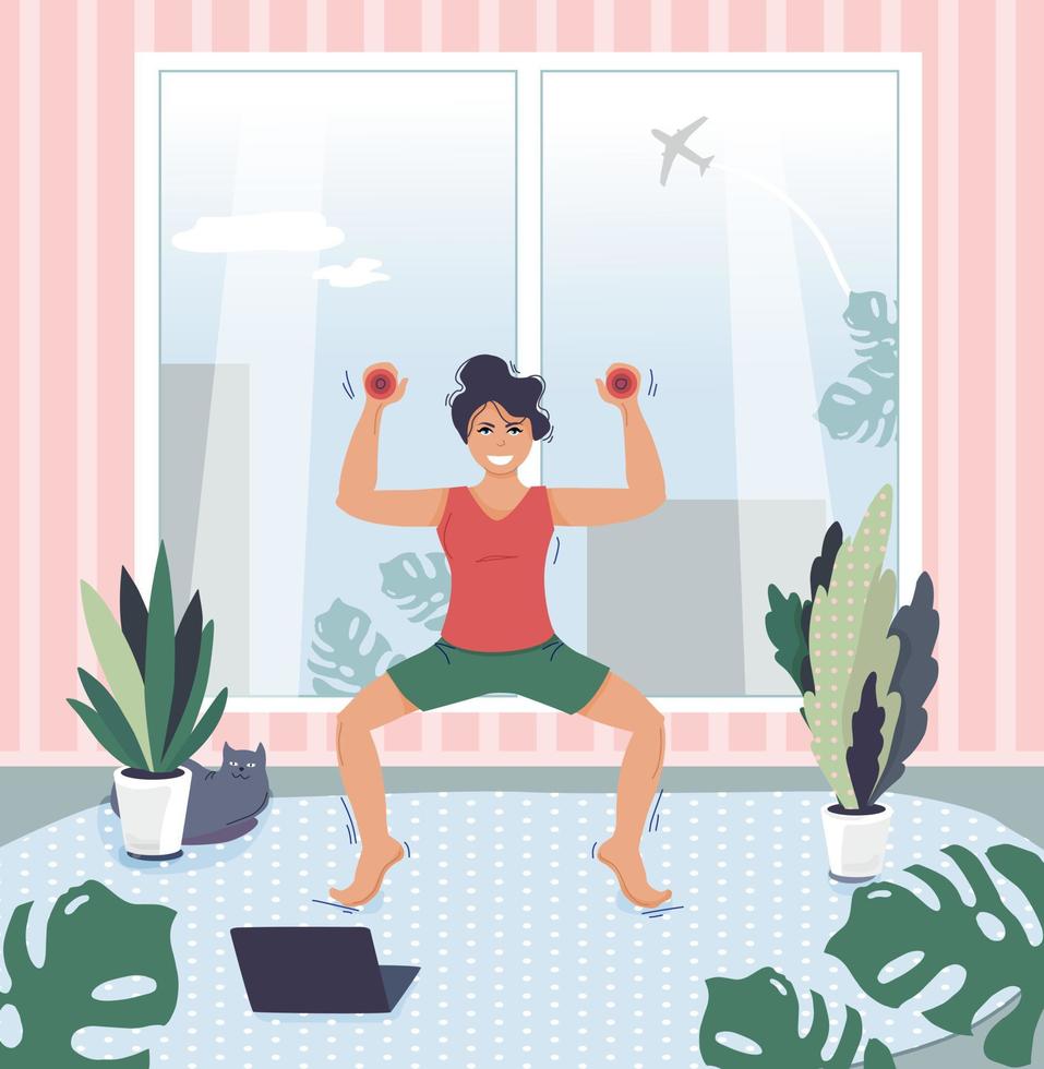 The girl is engaged in sports at home. Stay at home. Vector illustration.