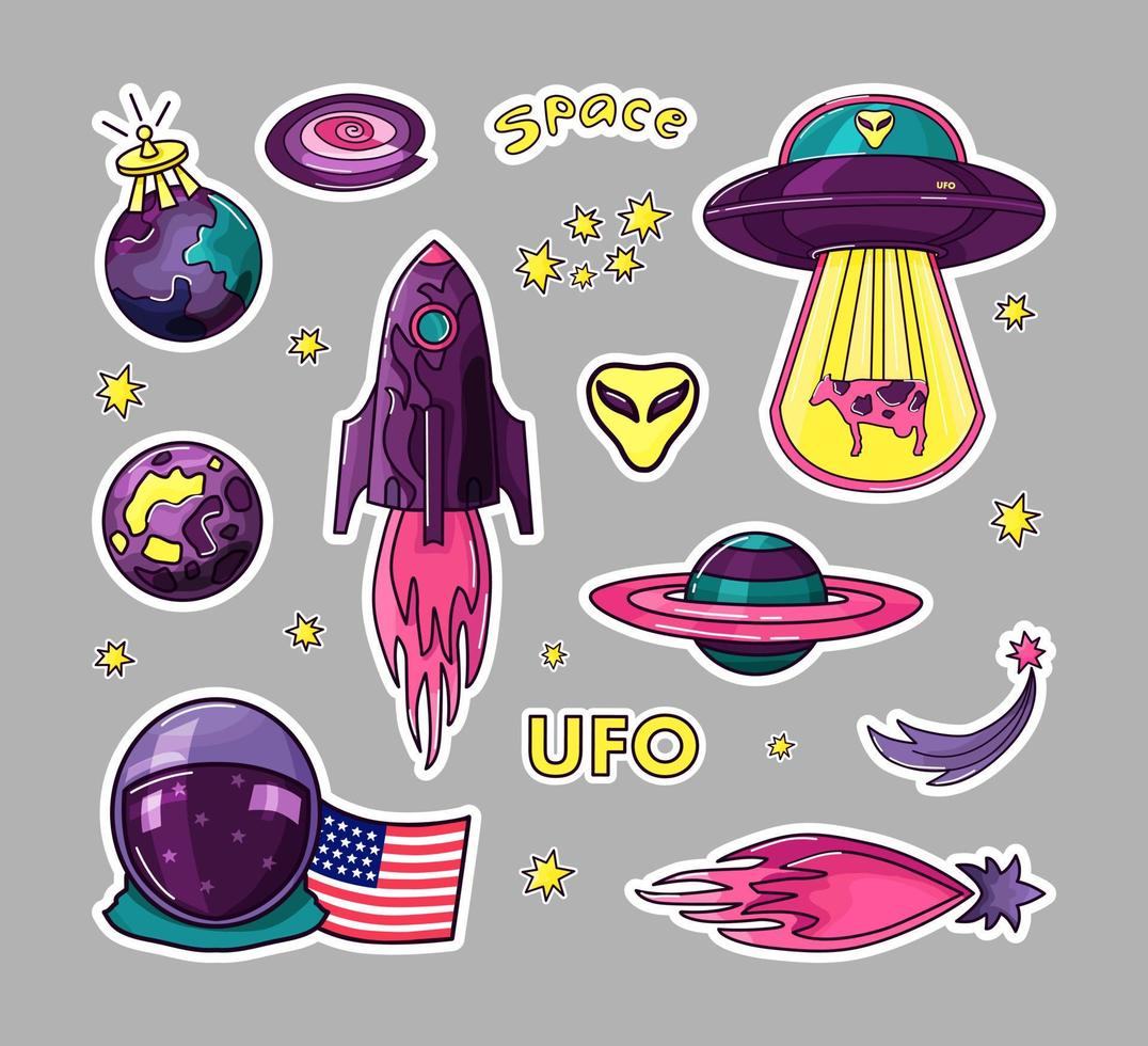 Cosmos is a set of stickers for kids. Rocket, ufo, planets, stars, astronaut. Vector. vector
