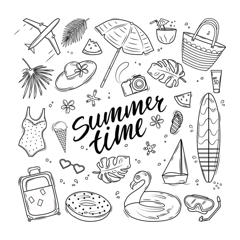 Summer set with swimsuit, surfboard, beach bag, swim circles and text. Vector contour illustration.