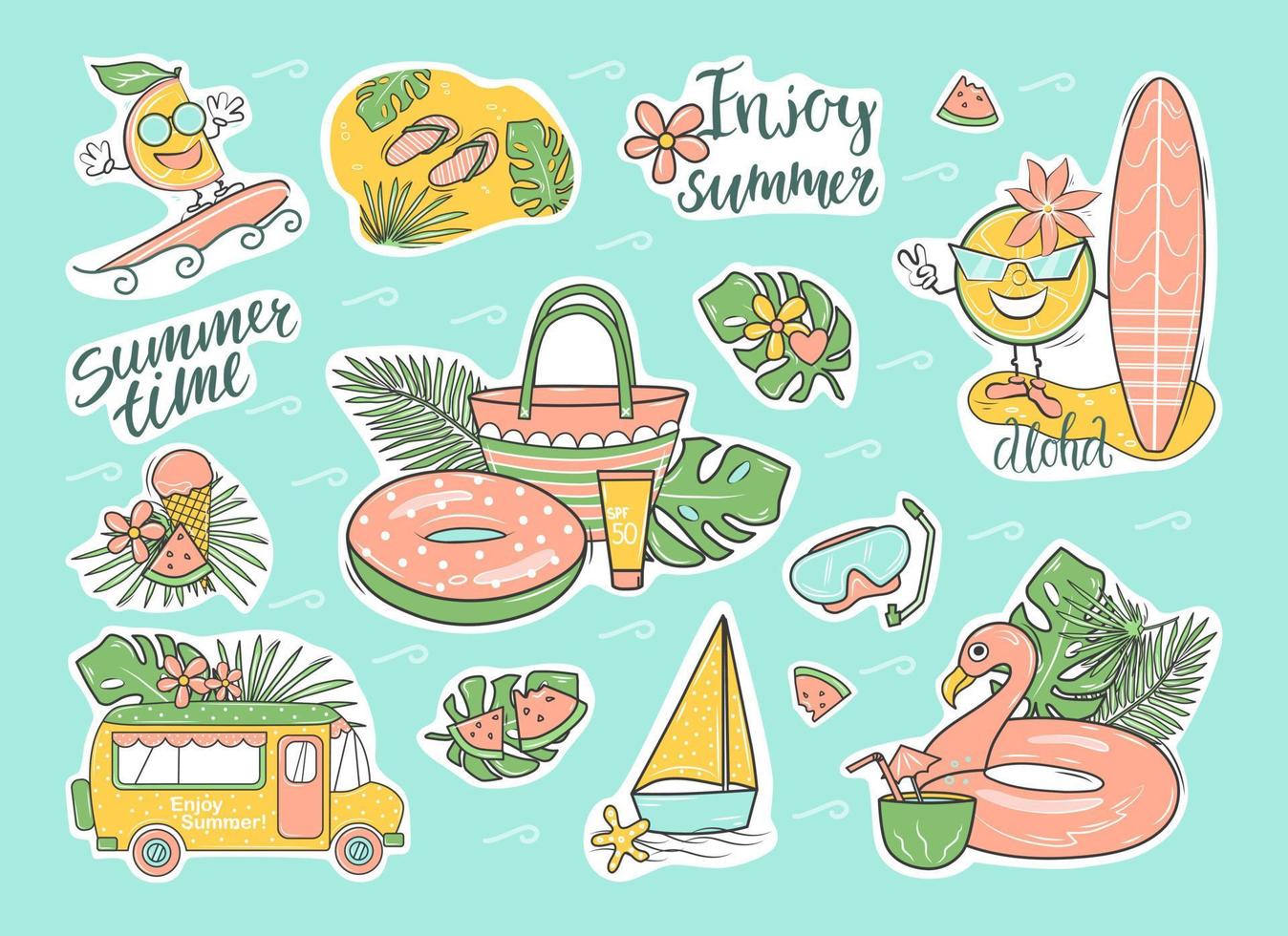 set of cartoon summer stickers. Vector illustration.