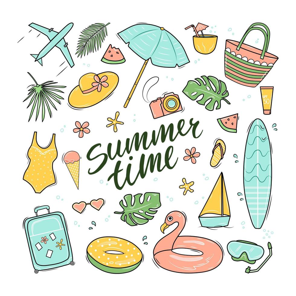 Summer fun set with an inscription. Hello summer. Vector illustration.