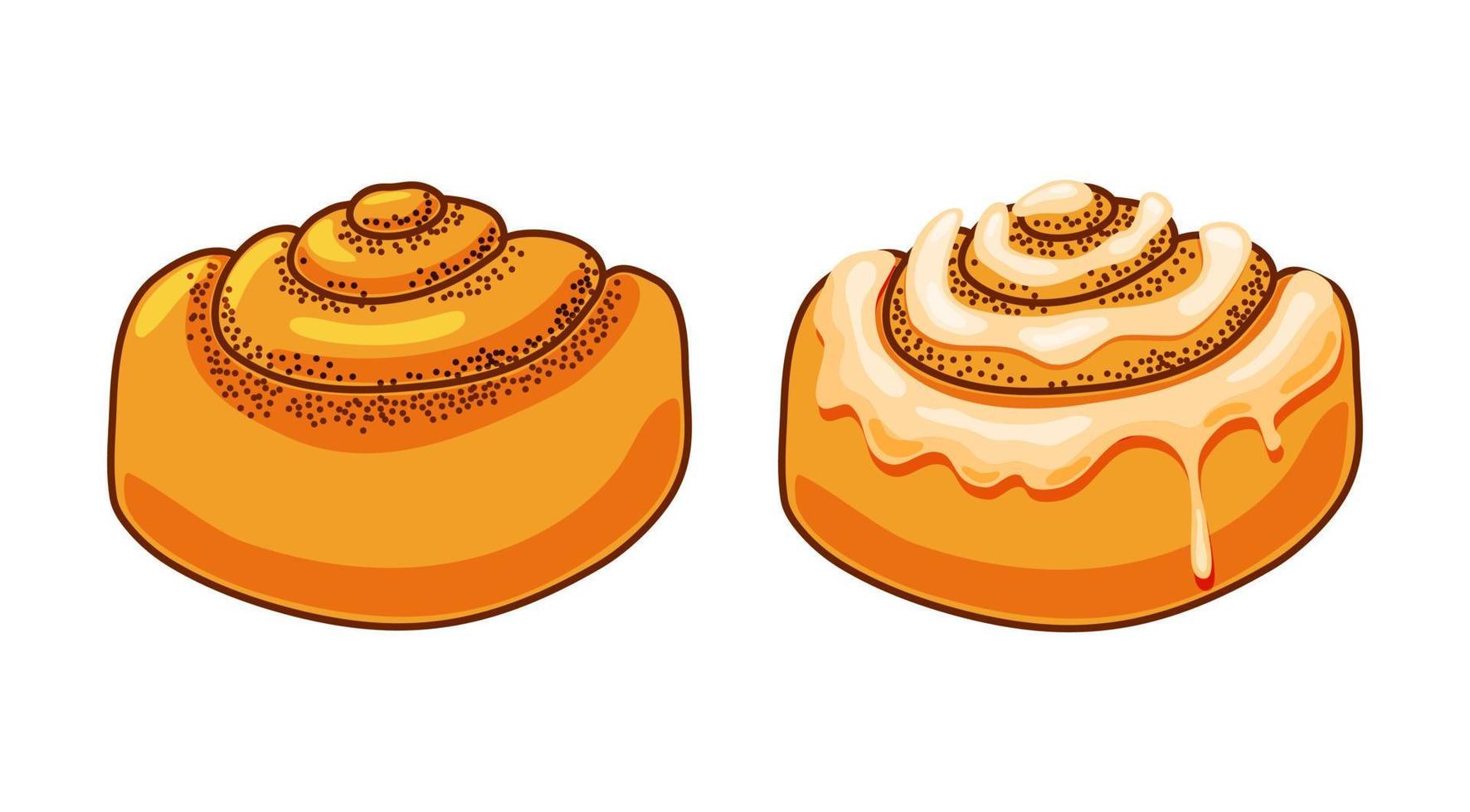Cinnamon rolls with sugar icing set in cartoon style vector illustration