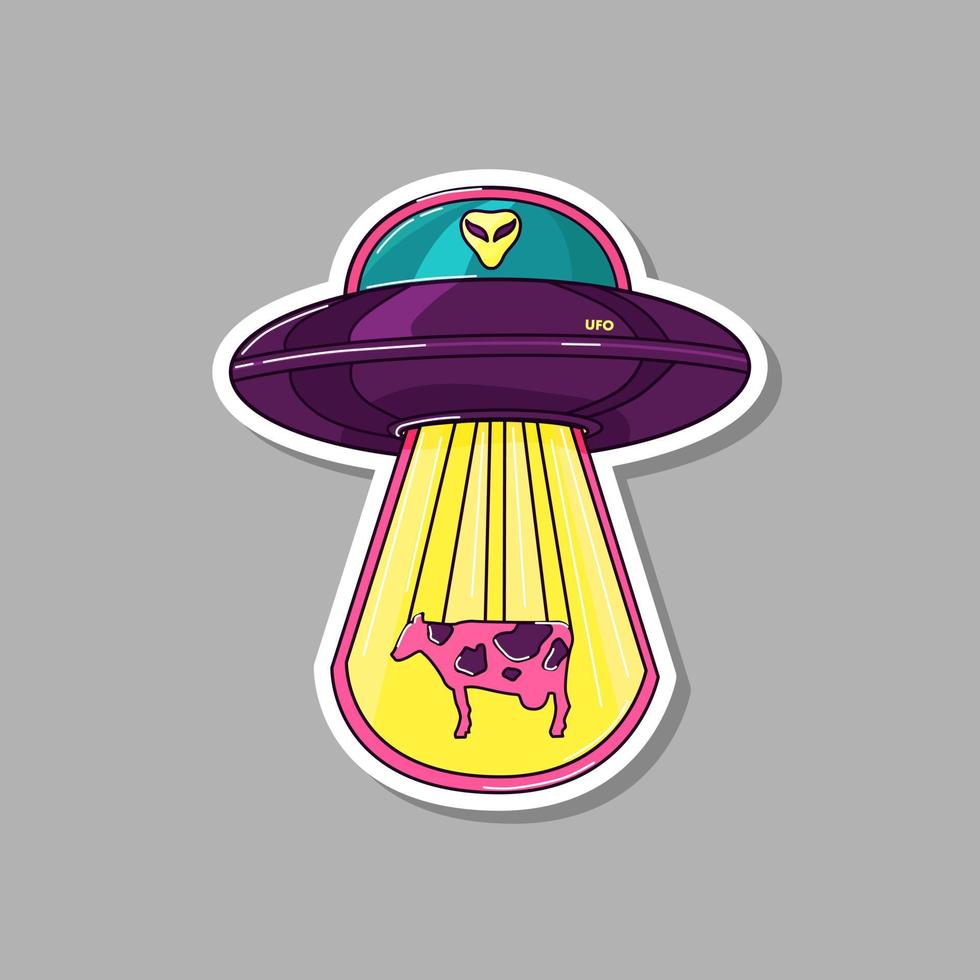 Sticker with an alien plate and an alien. Space. Vector illustration. Isolated background.