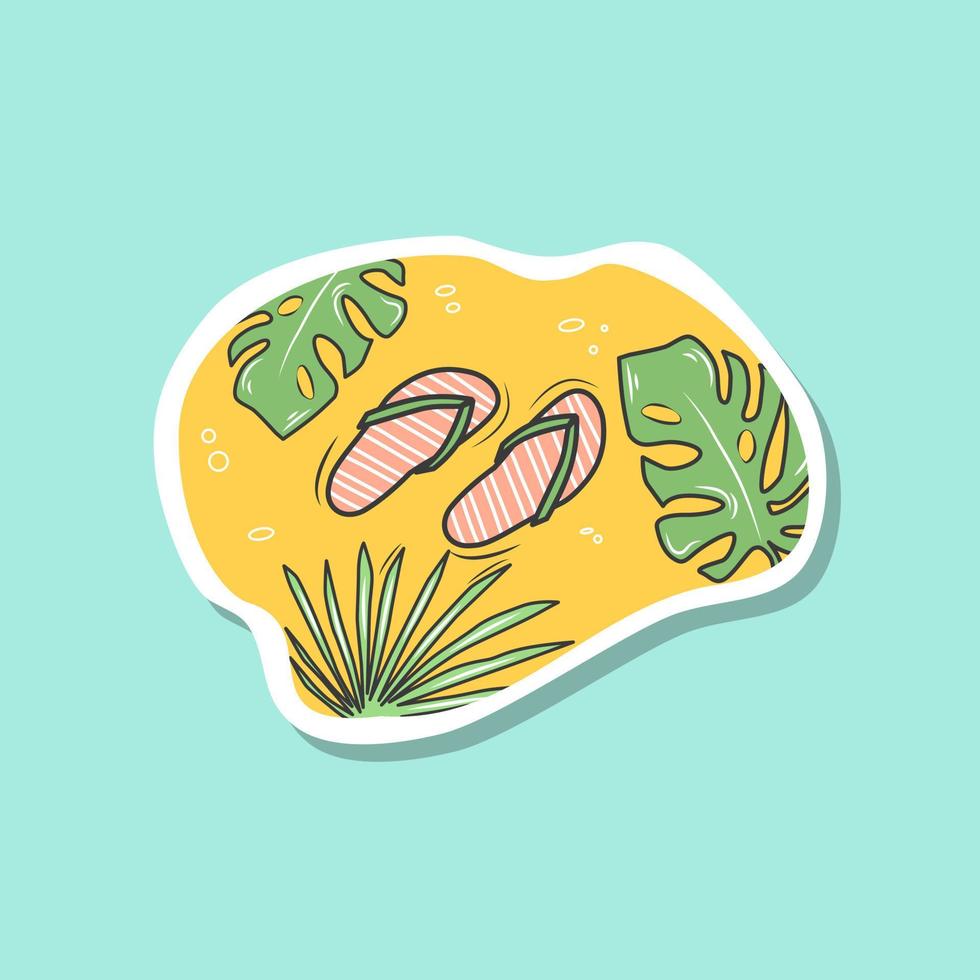 Sticker with sandals and palm leaves. Relax on the beach. A design element. Vector illustration.