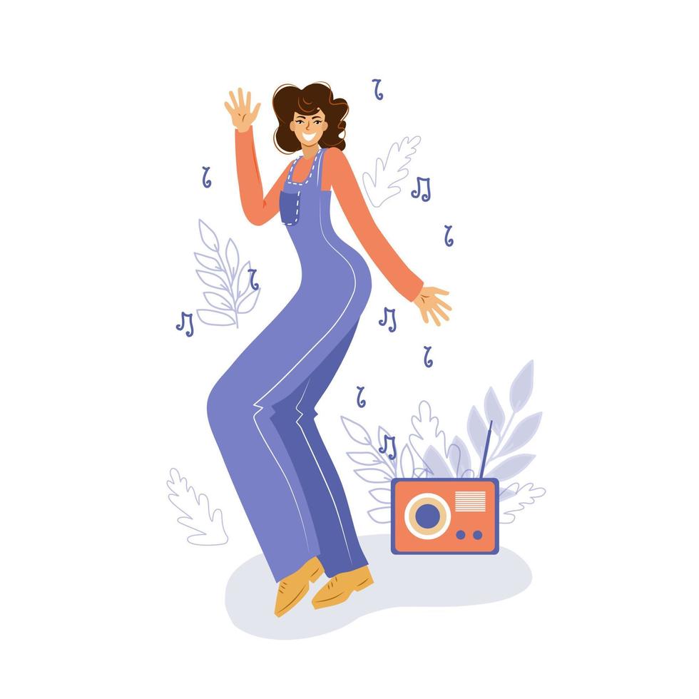 Happy dancing girl or woman dancing outdoors vector illustration. Morning dance. Disco dance.