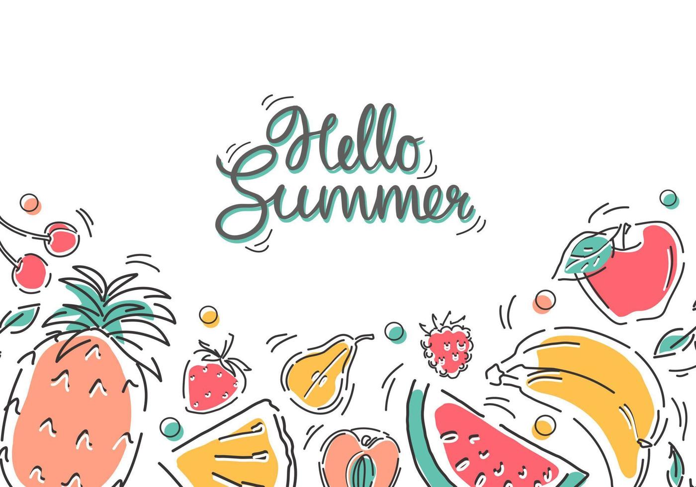 Background with tropical fruits and calligraphy. Hello summer. Hand-drawn abstract banner. Vector. vector