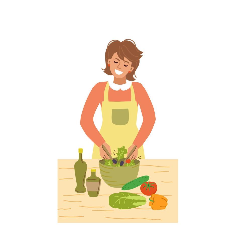 chica feliz en un delantal prepara una ensalada en un bol, verduras frescas, aceite de oliva. comida casera, cena, ambiente acogedor. ilustración vectorial en estilo plano. vector