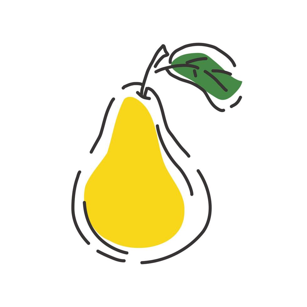 Pear fruit with a leaf on a white background. Icon. Contour hand illustration. vector