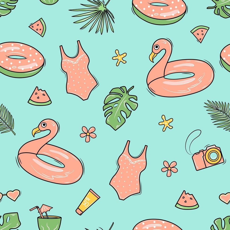 Seamless summer pattern with flamingos, surfboard, palm leaves, beach bag and camera. Vector background in doodle style.