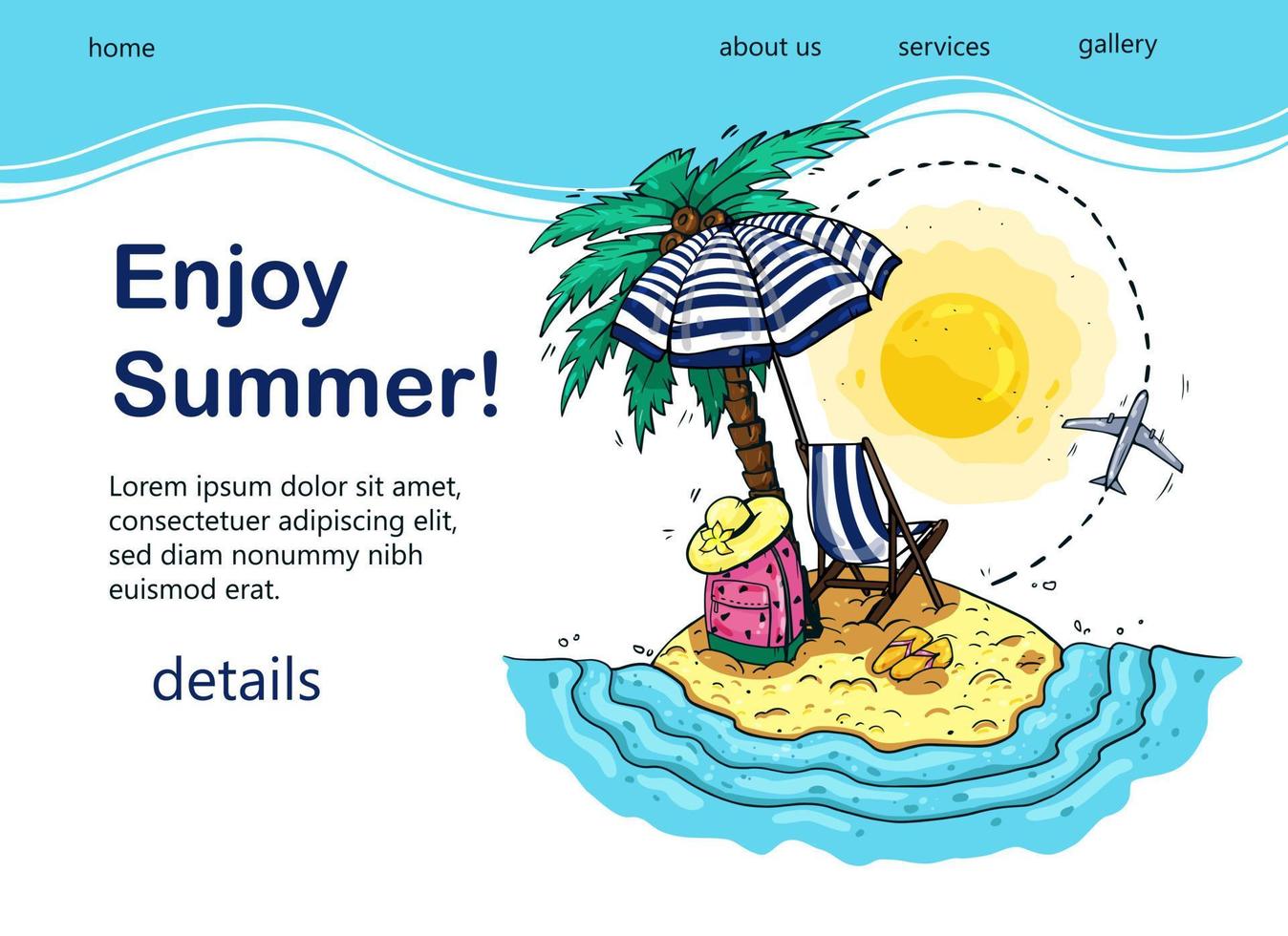 Bright design of tourist banner with palm tree, sea, sunbed, backpack, sun umbrella, airplane for popular tourist blog, landing page or tourist website. Hand-drawn vector illustration.