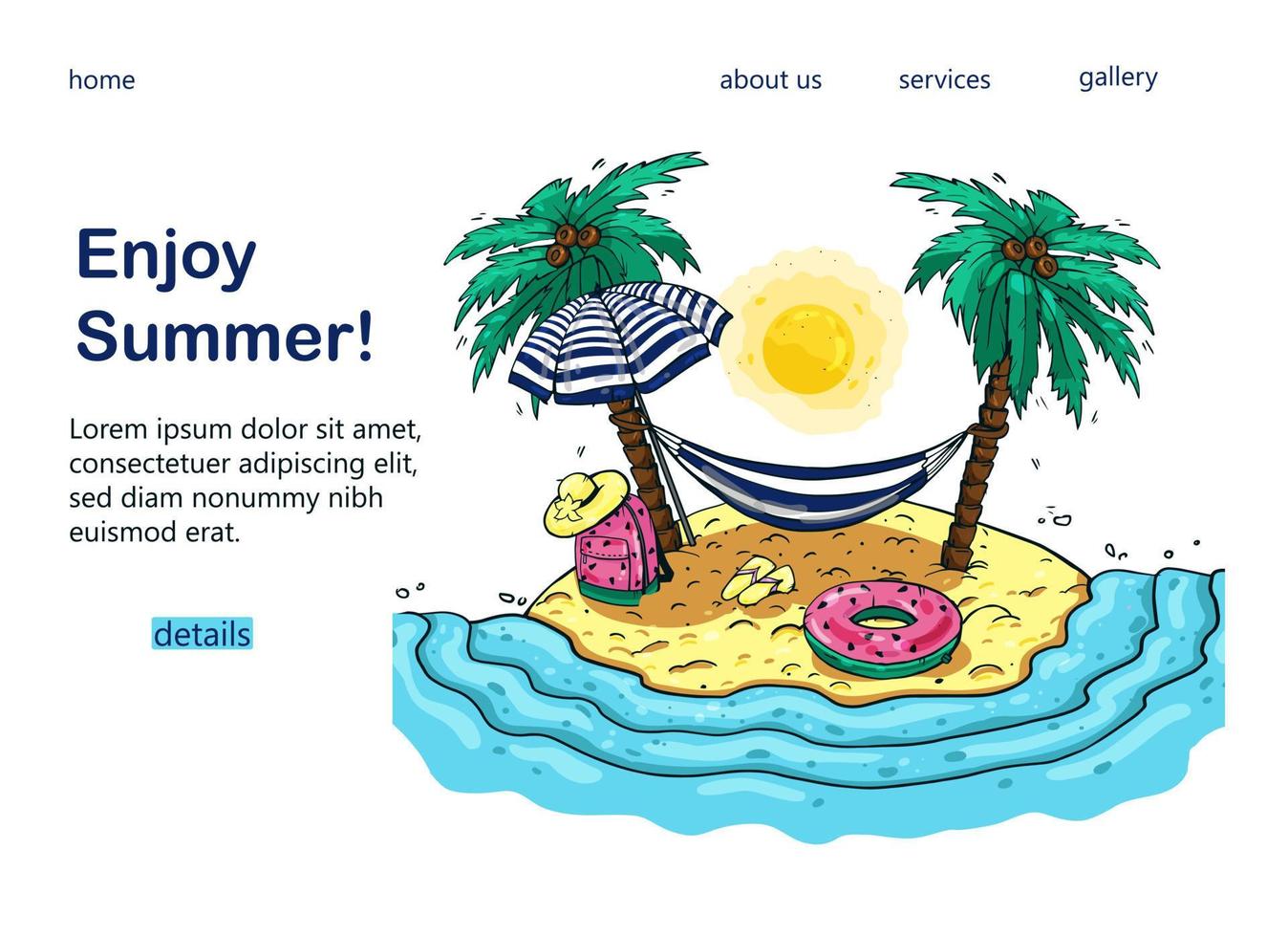 Hand-drawn design of a tourist banner with palm trees, sea, hammock, backpack, sun umbrella, for a popular tourist blog, landing page or tourist website. Vector illustration.