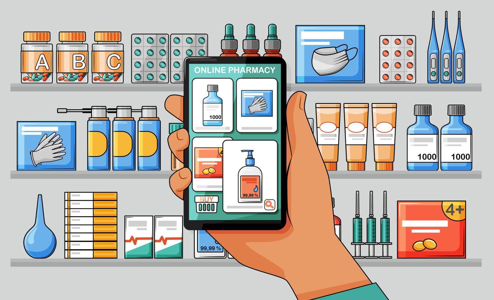 mano con tu smartphone con la app de farmacia online. estantes con medicamentos médicos. ilustración vectorial vector