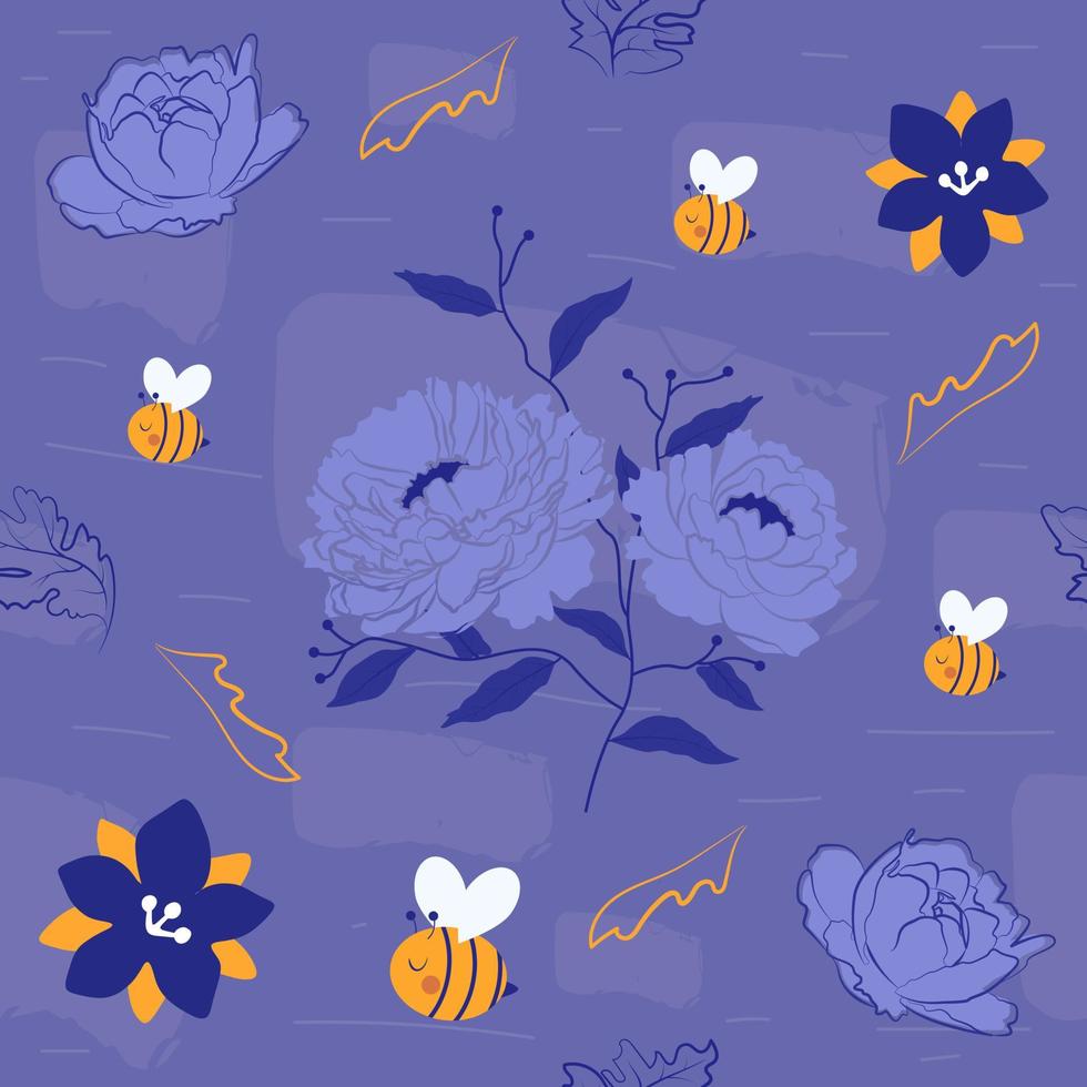 Peony with the bees seamless pattern vector