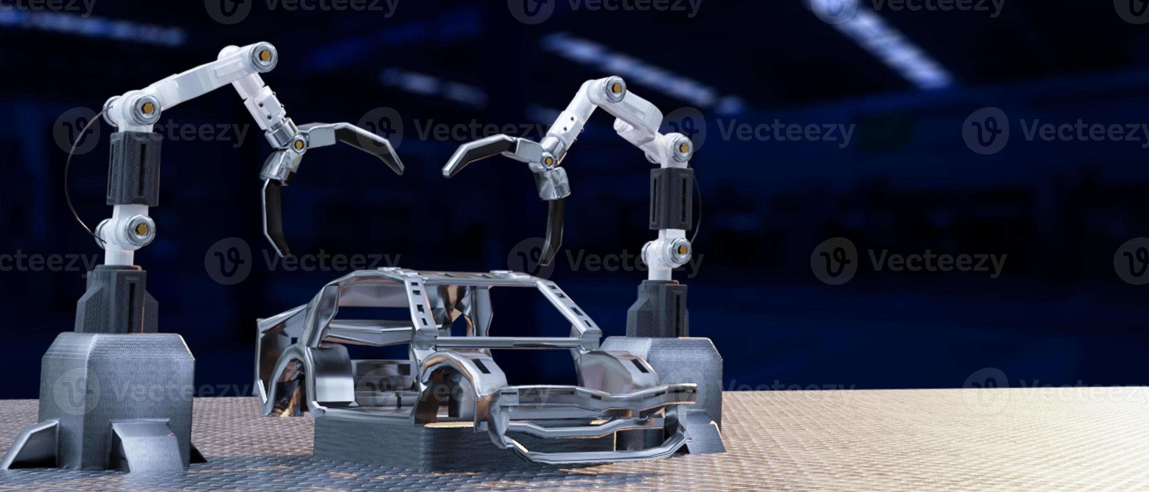 servicio de procesamiento de producción de automóviles en robot de fábrica de alta tecnología. brazo de control robótico ai robot de mano artificial para tecnología de automóviles en concesionario de garaje con tecnología mano cyborg 2022 3d render foto