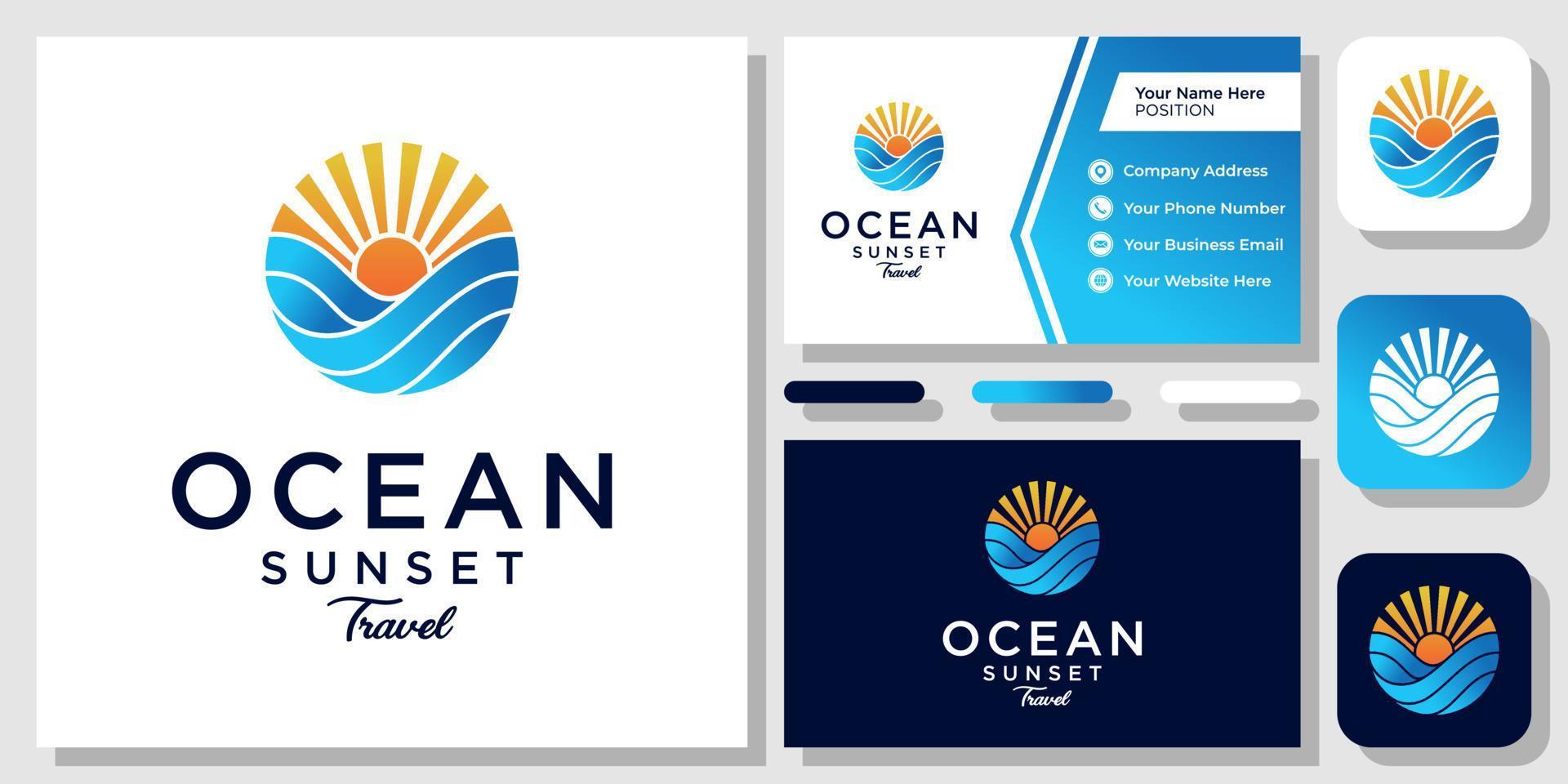 Sun Wave Ocean Sea Sunset Sunrise Holiday Water Circle Icon Logo Design with Business Card Template vector