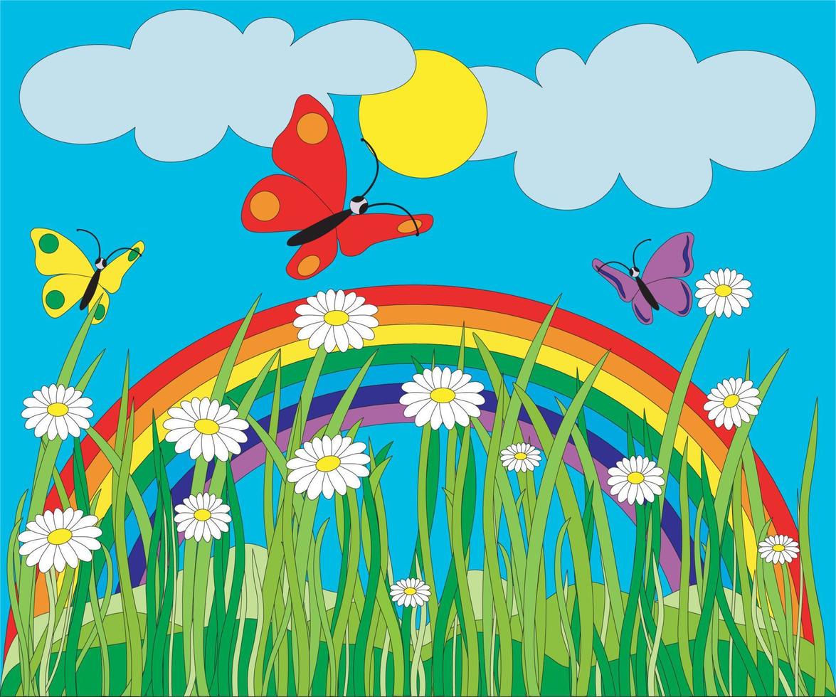 cielo tranquilo, mariposas de colores y un arco iris. paisaje de verano y primavera vector