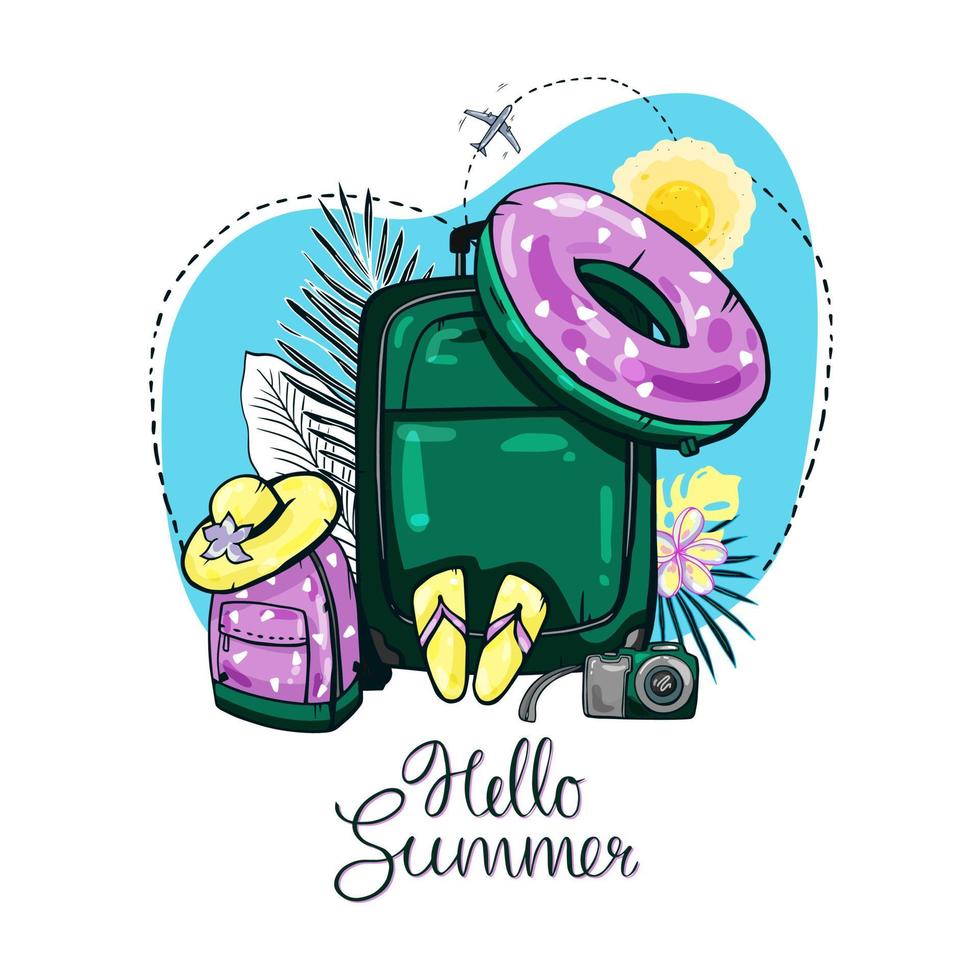 Travel background. Vacation at the sea. Hand-drawn vector illustration with calligraphy Hello Summer.