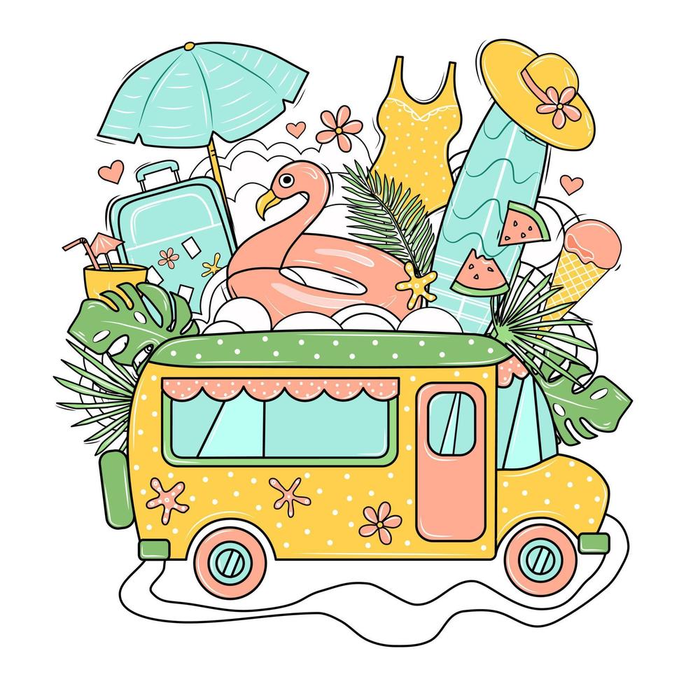 viajar al mar en autobús. imprime con autobús, maleta, tabla de surf, flamingo, sombrero de playa, helado y hojas de palma. ilustración vectorial los objetos están aislados. vector