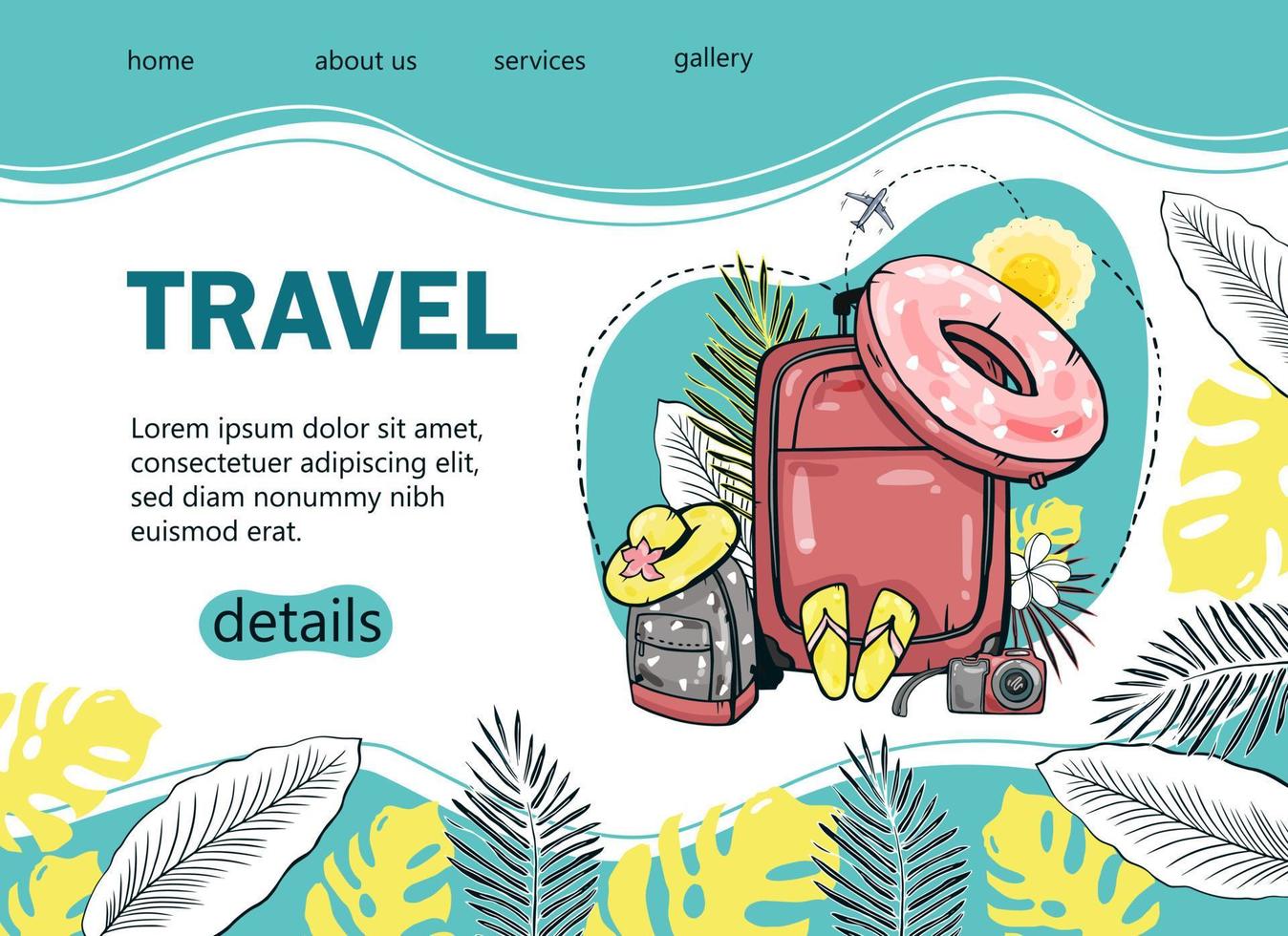 Design a tourist banner with a palm tree, sea, backpack, sun umbrella, airplane for a popular tourist blog, landing page or tourist website. Hand-drawn vector illustration.