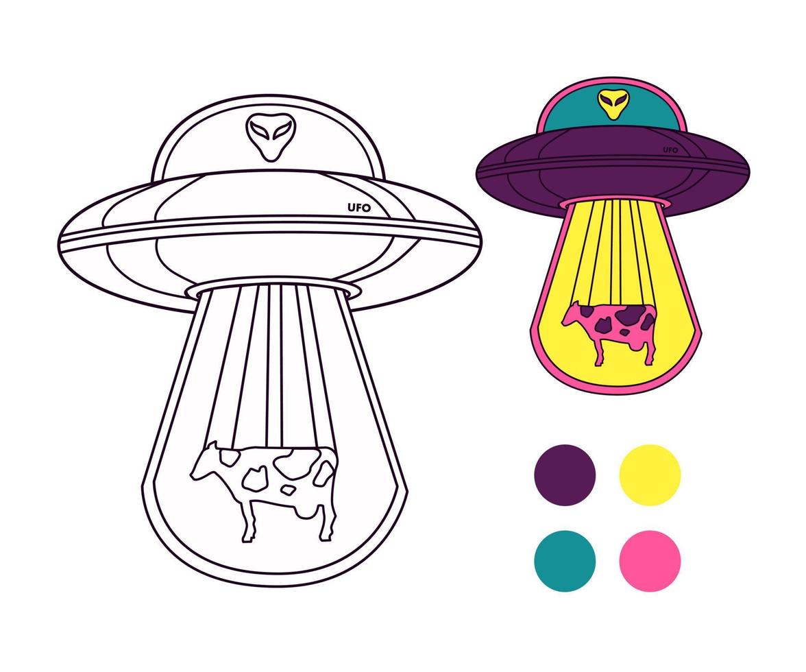 An alien plate with an alien and a cow. Coloring for children with an example. Vector illustration.