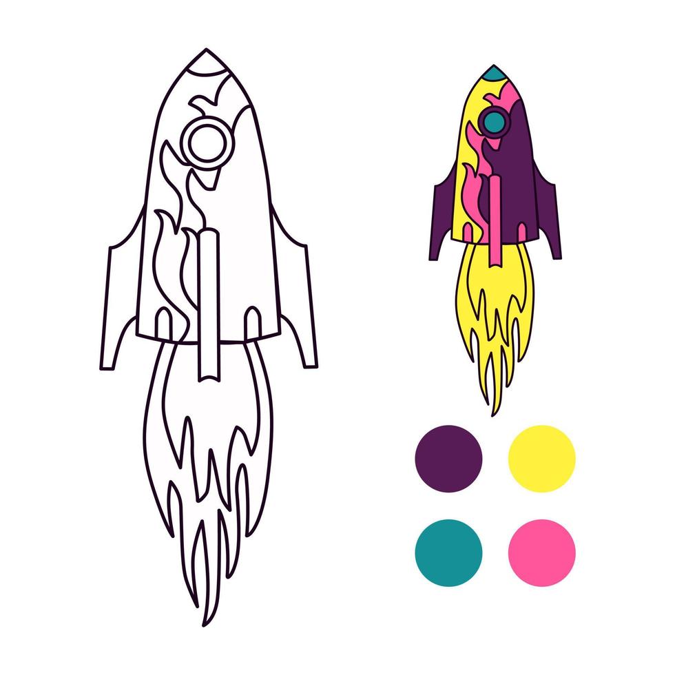 Illustration of isolated colorful and black and white rocket for coloring book vector