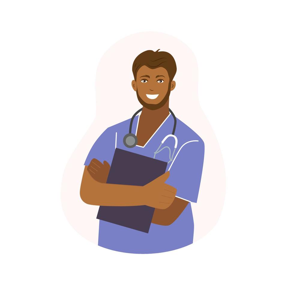 un joven médico barbudo con un estetoscopio. africano. cuidado de la salud. ilustración vectorial vector