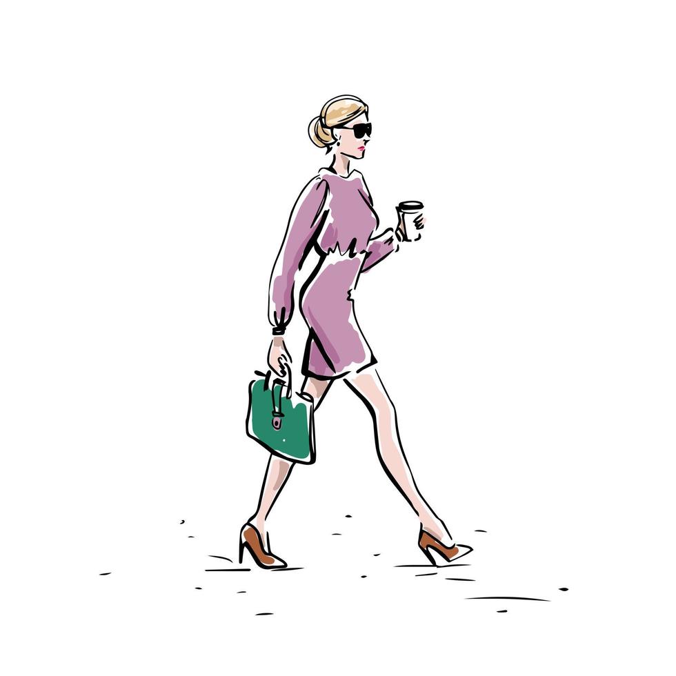 Businesswoman hand drawn on a white background. A girl with a coffee and a briefcase goes to work. Vector illustration.