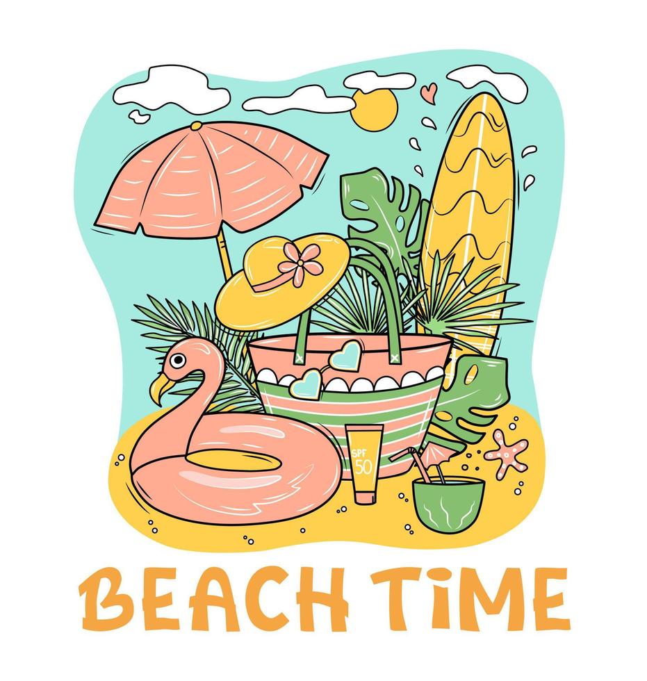 Colorful summer background with lettering. Vacation at the sea. Postcard. Vector illustration.