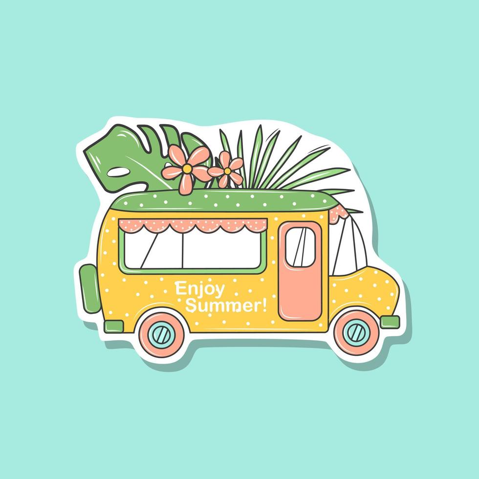 Summer sticker with a bus and palm leaves. Travel by bus. Vector illustration. The objects are isolated.