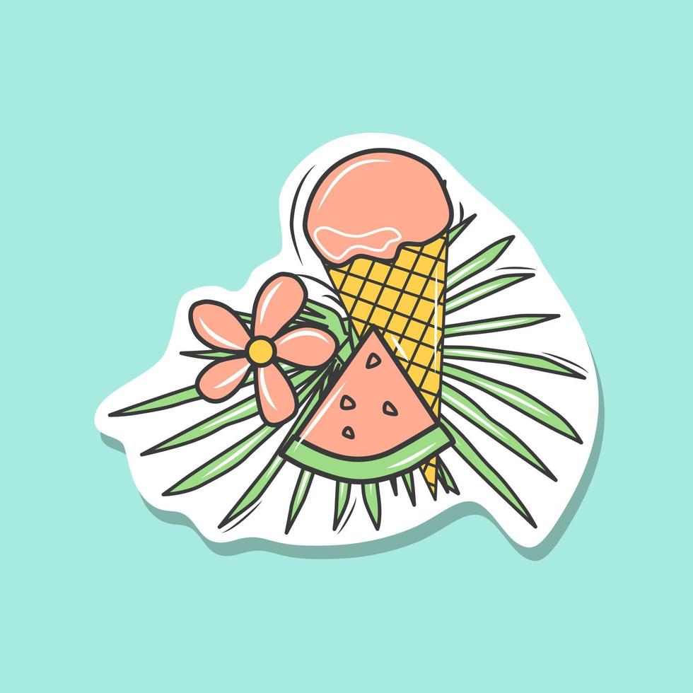 pegatina de verano con helado y hojas de palma. un elemento de diseño. ilustración vectorial vector