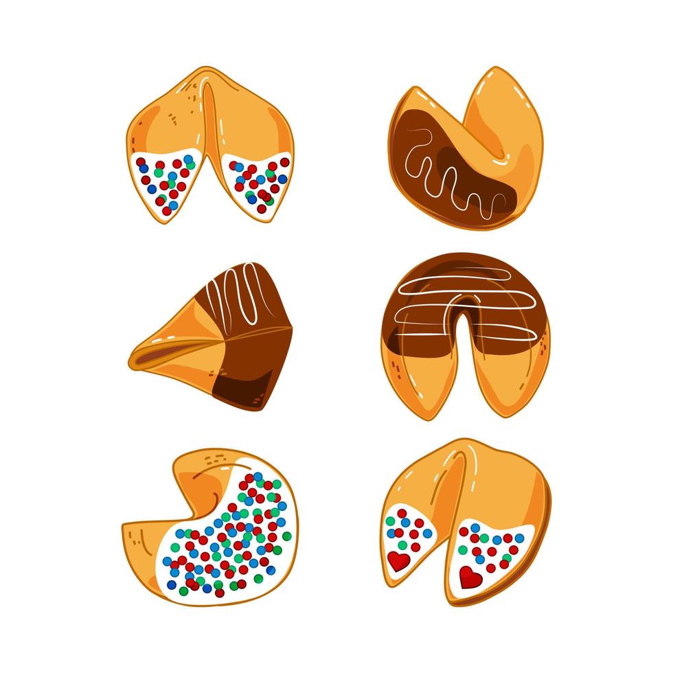 Set of Chinese fortune cookies with chocolate and sprinkles. Vector illustration.