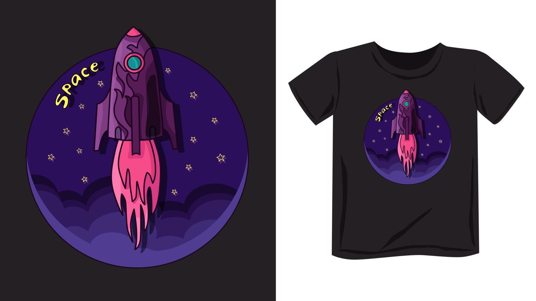 The rocket is flying into space. Colorful children's print on clothes, poster. Vector illustration.