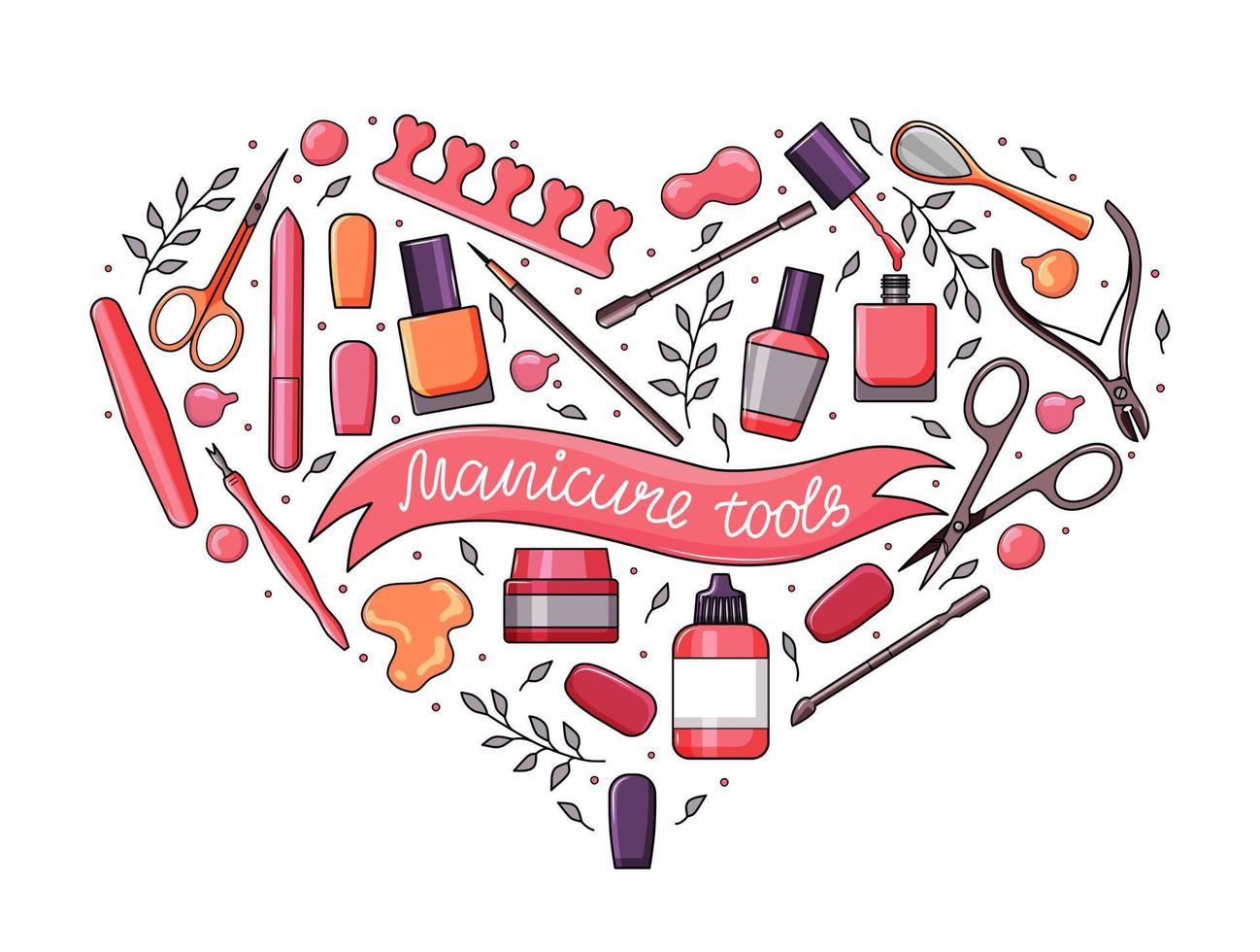 Vector set of manicure tools with an inscription on a white background.