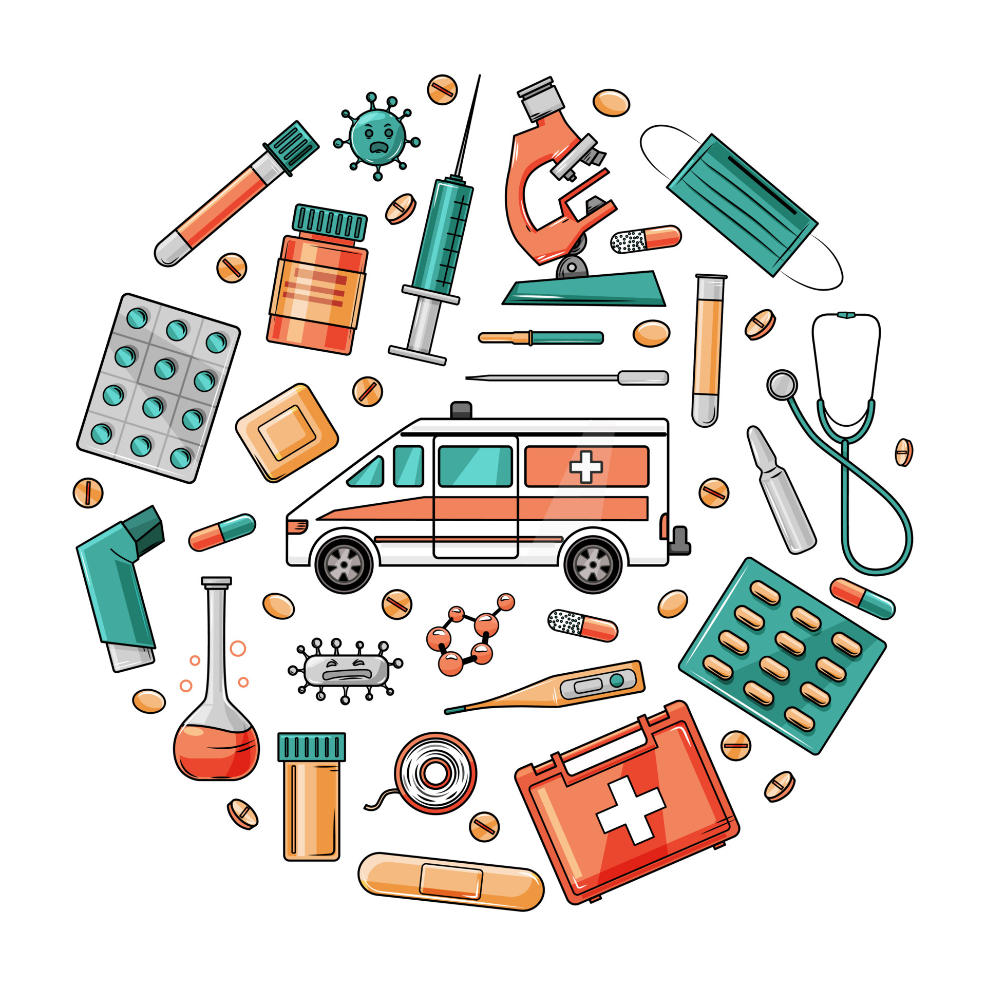 set of medical tools on a white background. Vector cartoon