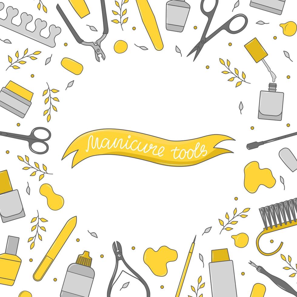 Square background with manicure equipment. Hand-drawn banner with various nail art tools - scissors, nail polish, brush, cuticle tongs, pusher, point pen. Colorful vector illustration.