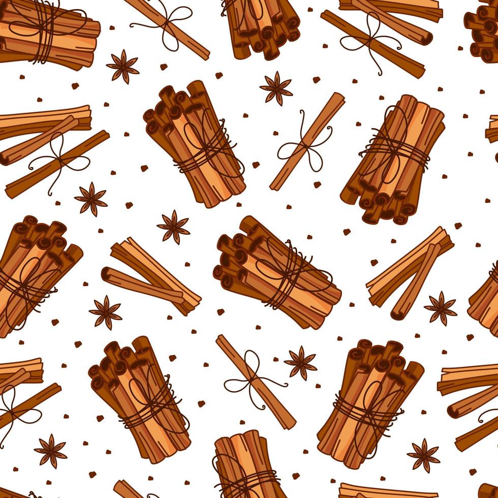 Cinnamon sticks seamless pattern on white background. Background for a cafe, kitchen, or grocery bag. Vector illustration.