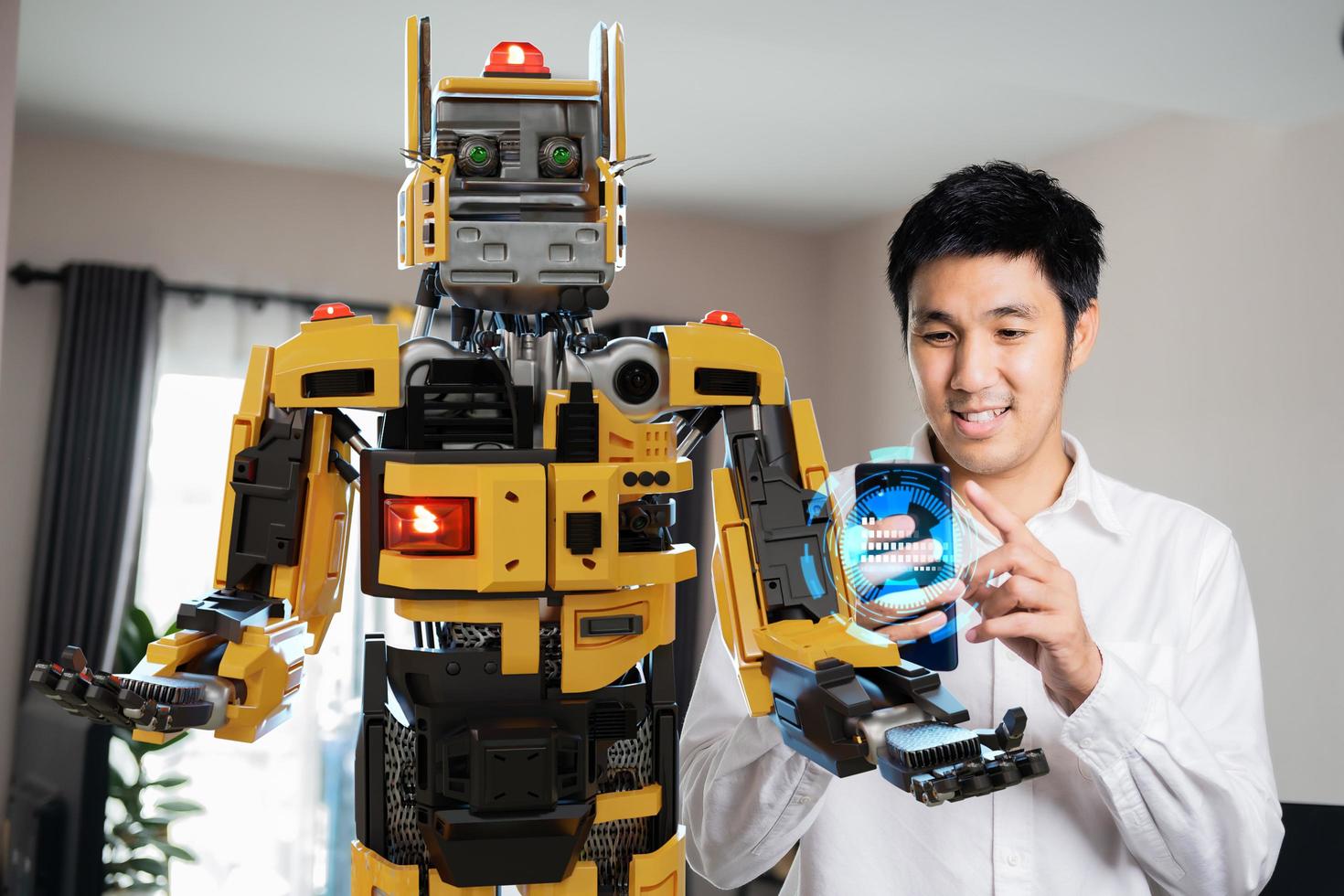 Asian man with Robot community metaverse for VR avatar reality game virtual reality of people blockchain connect technology investment, business lifestyle photo