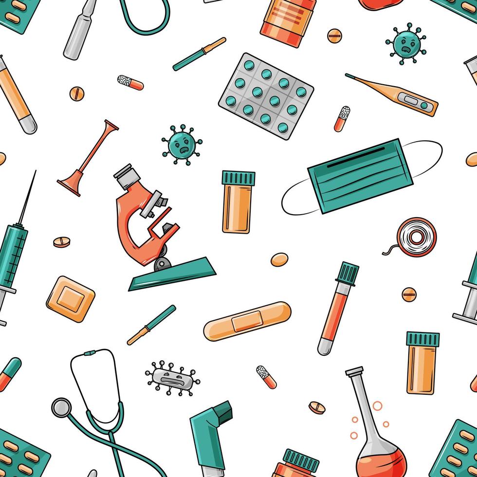 Medical instruments and medicines seamless pattern on white background. Cartoon. Vector background.