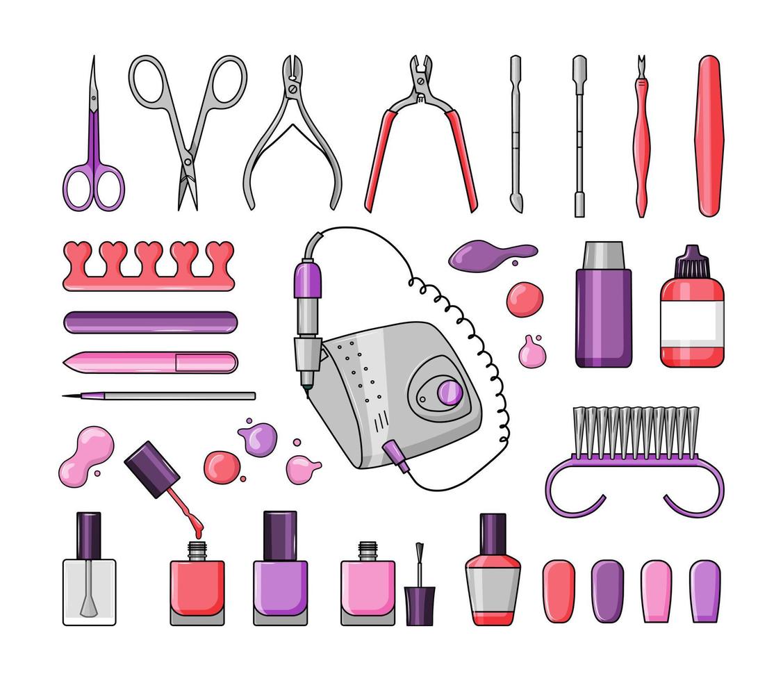 conjunto vectorial de herramientas de manicura, esmaltes de uñas. dibujos animados. vector
