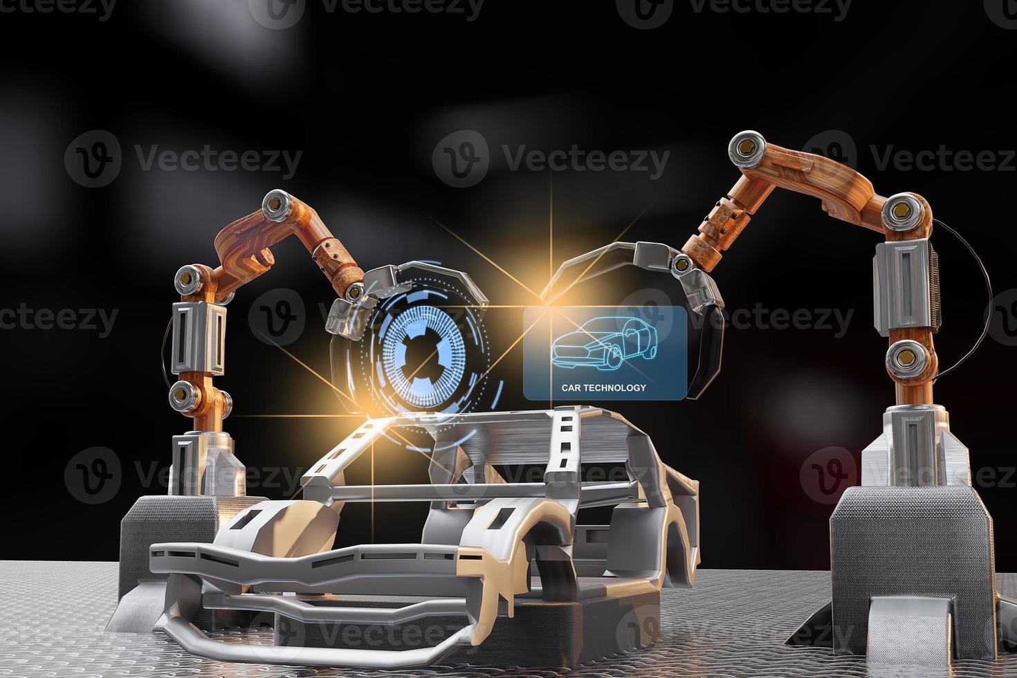 Car production processing service in factory robot hi tech robotic AI control arm hand robot artificial for car technology in garage dealership with tech hand cyborg 2022 3D RENDER photo